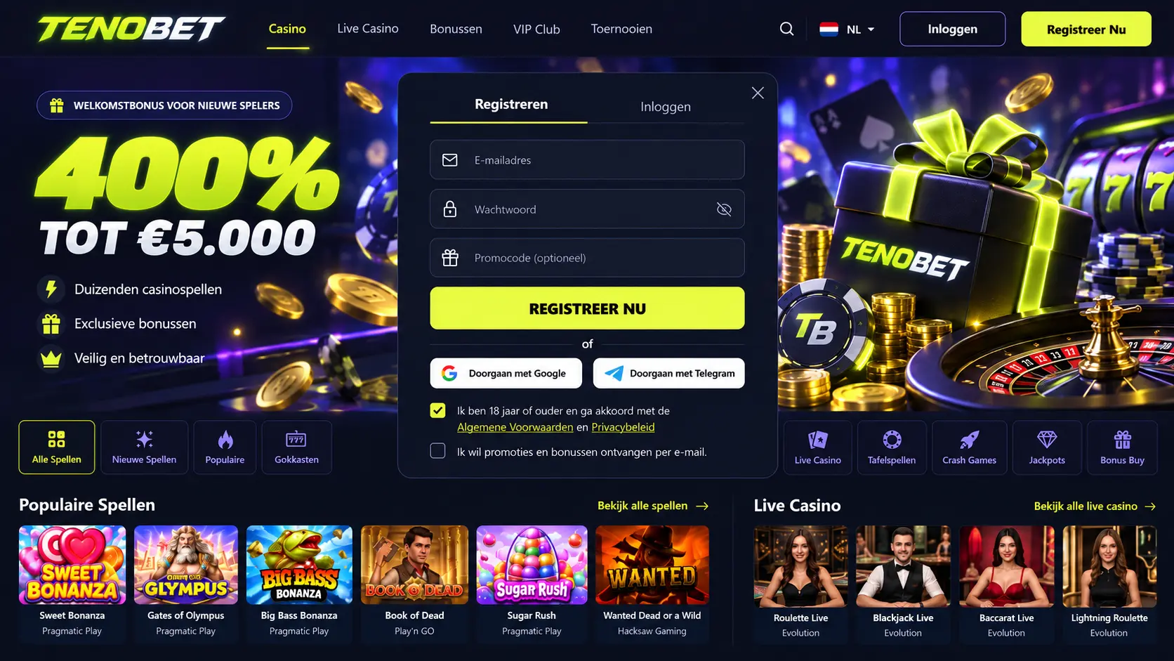 TenoBet Casino Nederland: Gokkasten, Live Casino en Bonussen image 2